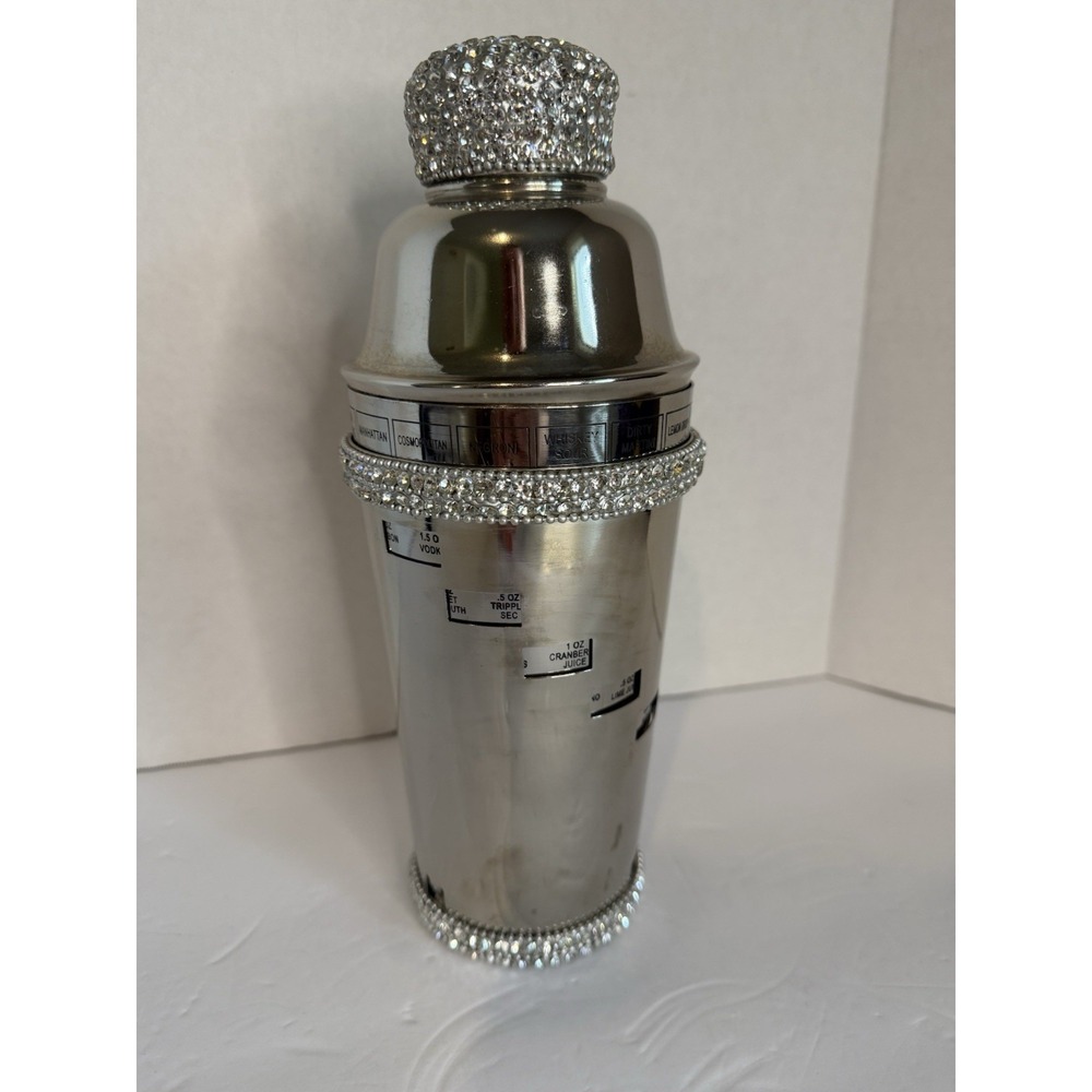 Silver Rhinestone Boston Shaker 3pc Set Metal Built-In Strainer 2 oz 11in